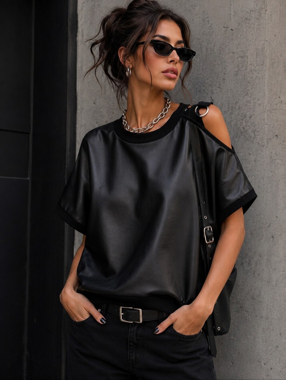 DKNY Faux Leather Top Womens Large Black Cold Shoulder Edgy Modern Going Out NWT